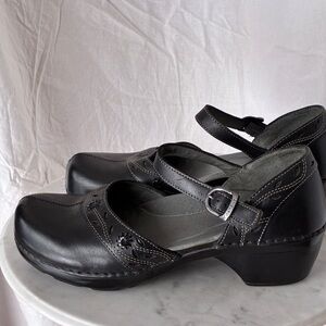 Dansko Black Leather Mary Jane Clogs with Buckle
